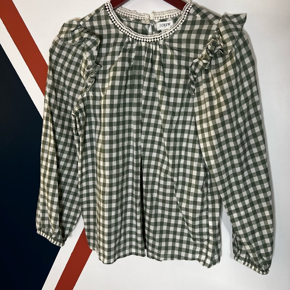 J. Crew Green and Cream Gingham Ruffle Shoulder Top Cottagecore